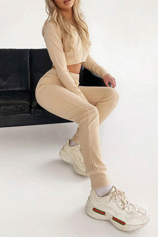 Sonicelife-Ribbed Knit Hoodie Long Pants Suits