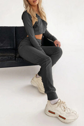 Sonicelife-Ribbed Knit Hoodie Long Pants Suits