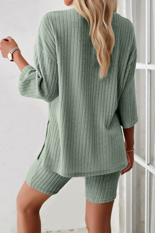 Sonicelife-Ribbed Knit T-shirt Shorts Suits