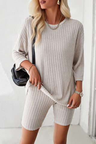 Sonicelife-Ribbed Knit T-shirt Shorts Suits