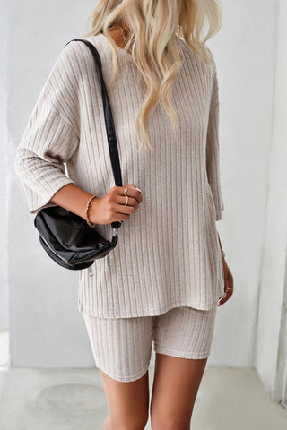 Sonicelife-Ribbed Knit T-shirt Shorts Suits