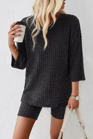 Sonicelife-Ribbed Knit T-shirt Shorts Suits