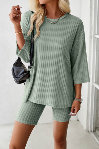 Sonicelife-Ribbed Knit T-shirt Shorts Suits