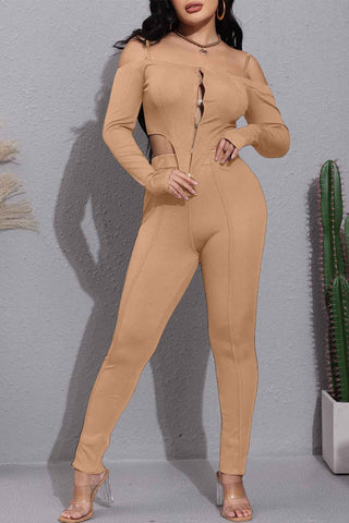 Sonicelife-Ribbed Long Sleeve Cutout Long Pants Set