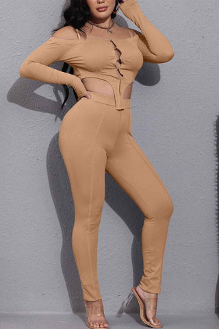 Sonicelife-Ribbed Long Sleeve Cutout Long Pants Set