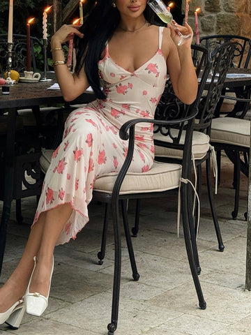 Sonicelife Rose Floral Sweetheart Neckline Midi Dress