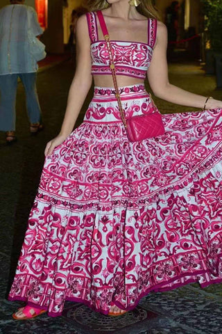 Sonicelife-Rose Red Abstract Printed Tank Top Skirt Set