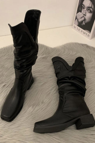 Sonicelife-Ruched Square-toe Knee High Boots