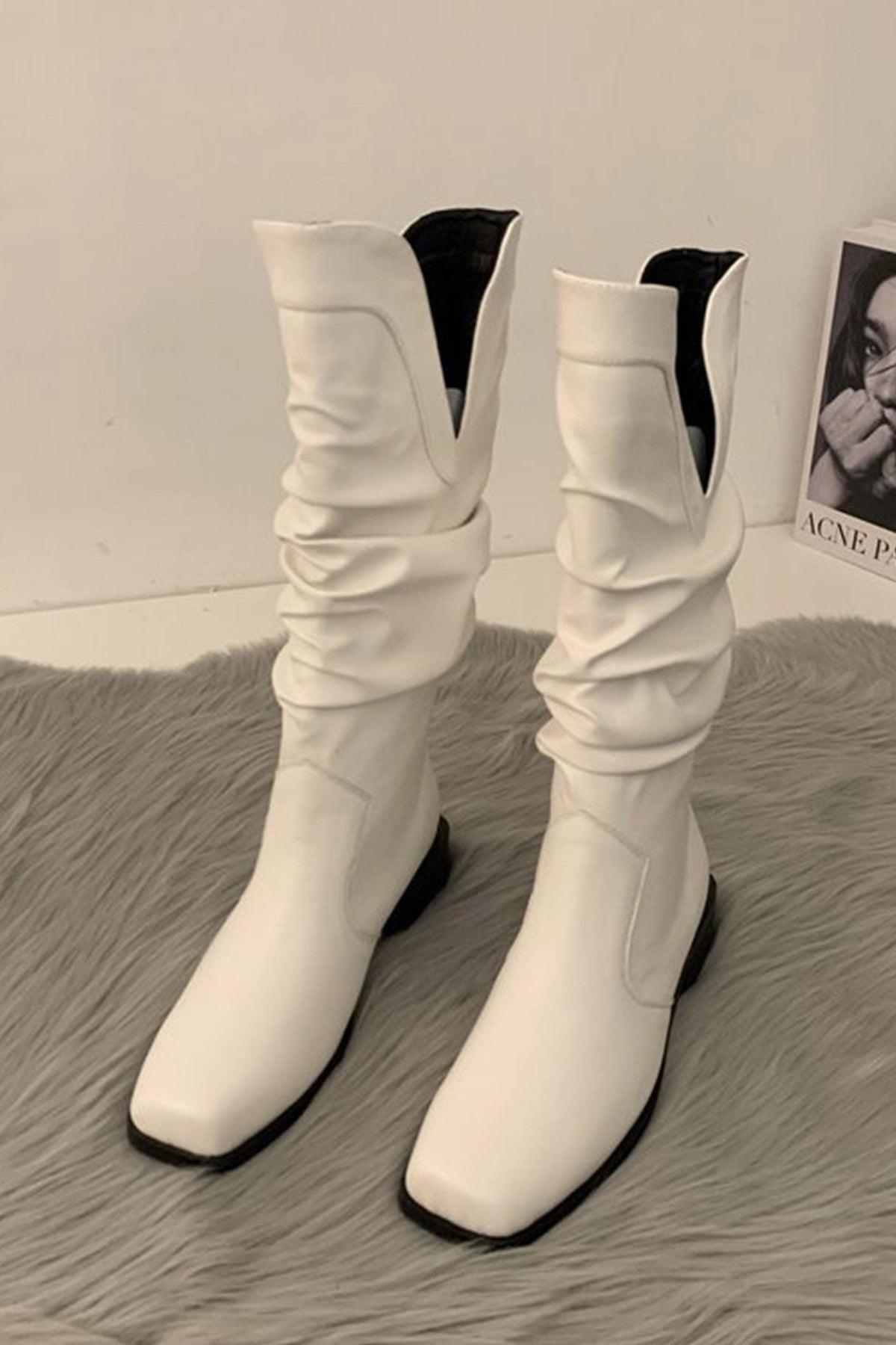 Sonicelife-Ruched Square-toe Knee High Boots