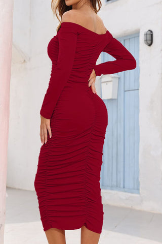 Sonicelife Ruched Off Shoulder Long Sleeve Bodycon Midi Dress