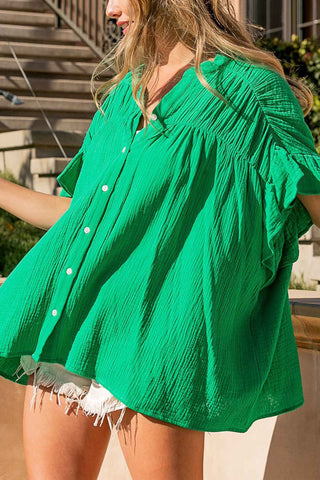 Sonicelife-Ruffled Shirring Button Down Blouse