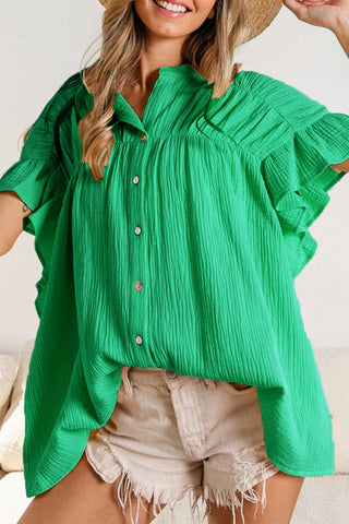 Sonicelife-Ruffled Shirring Button Down Blouse