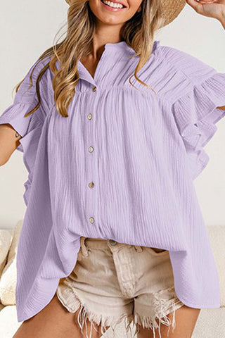 Sonicelife-Ruffled Shirring Button Down Blouse