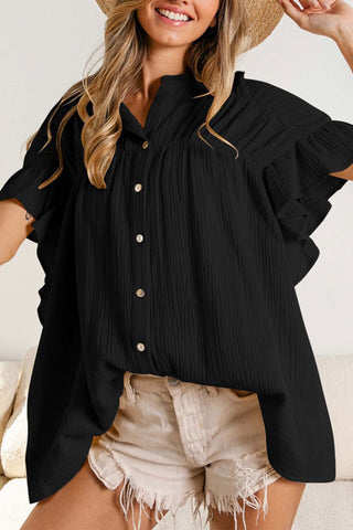 Sonicelife-Ruffled Shirring Button Down Blouse