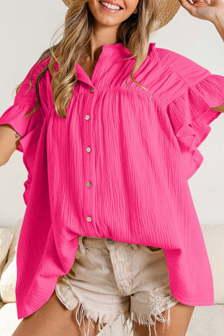 Sonicelife-Ruffled Shirring Button Down Blouse