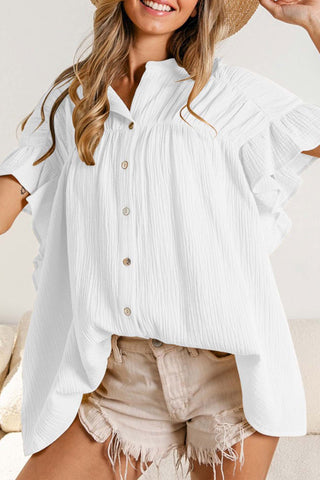 Sonicelife-Ruffled Shirring Button Down Blouse