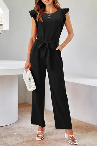 Sonicelife-Ruffled Tie Waist Sleeveless Jumpsuits