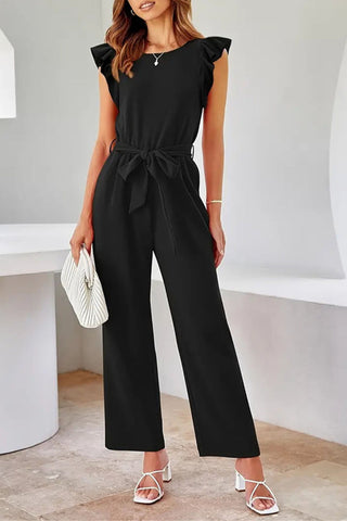 Sonicelife-Ruffled Tie Waist Sleeveless Jumpsuits