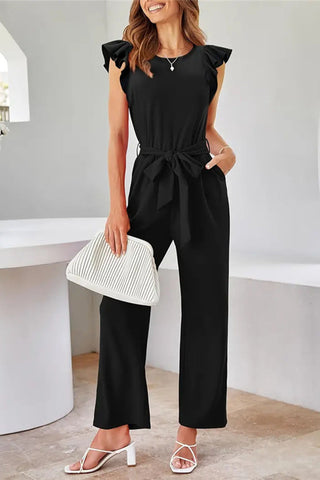 Sonicelife-Ruffled Tie Waist Sleeveless Jumpsuits