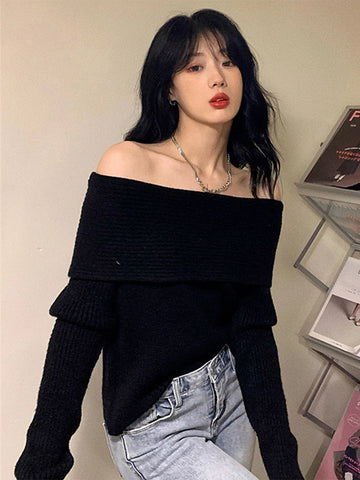 Sonicelife Chic Off Shoulder Knitting Sweater Women Elegant Slim Pullover for Female 2024 Spring Autumn Casual Warm Knitwear Jumper Tops