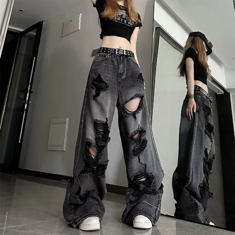 Sonicelife Vintage High Waist Denim Pants Ripped Jeans Women Fashion Loose Wide Leg Straight  Y2k Washed Streetwear Female