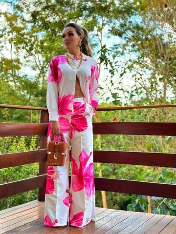 Sonicelife Floral Shirt and Wide Leg Pants Set