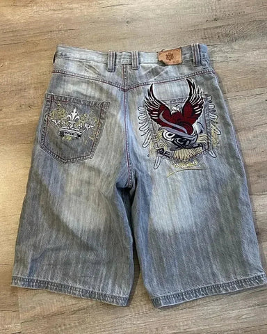 Sonicelife American New Retro Bone Wash Jeans Shorts Women Y2K High Street Skull Embroidery Shorts Men Harajuku Casual Joker Straight Pants