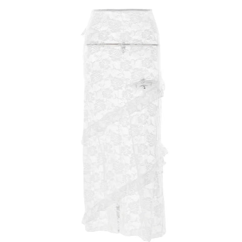 Sonicelife-Fashion Lace Skirts Women 2024 High Waist Ruffles See-through Long Dress High Street Elegant Ladies Black White Party Skirt