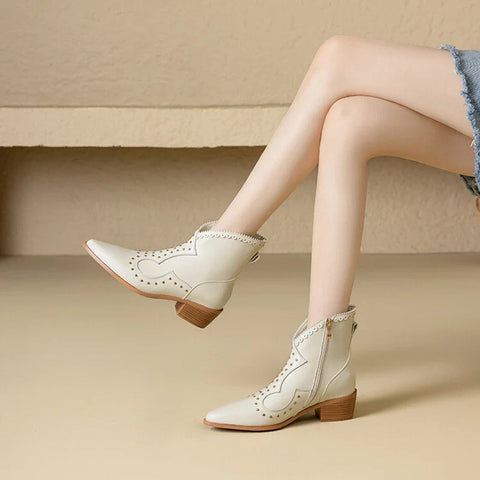 Sonicelife NEW Autumn Women Boots Genuine Leather Shoes for Women Pointed Toe Chunky Heel Shoes Zip Beige Short Boots Rivet Designer Boots