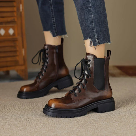 Sonicelife NEW Autumn Women Boots Split Leather Shoes for Women Round Toe Thick Heel Shoes Zipper Short Boots Casual Black Platform Boots