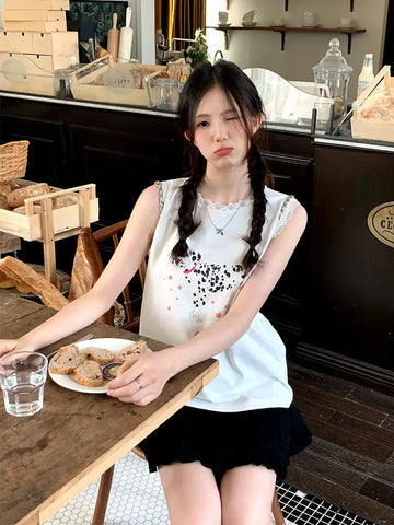 Back To School Sonicelife White Doggy Print T-shirts with Lace Kawaii Animals Graphic Sleeveless Tank Tops Summer Fashion Cutecore Spotted Dog Tee