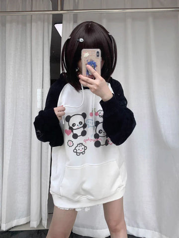 Black Friday Sonicelife Kawaii Panda Print Hoodies Women Anime Long Sleeve Sweatshirt Female US(Origin) Style Oversized Streetwear Cutecore Clothes