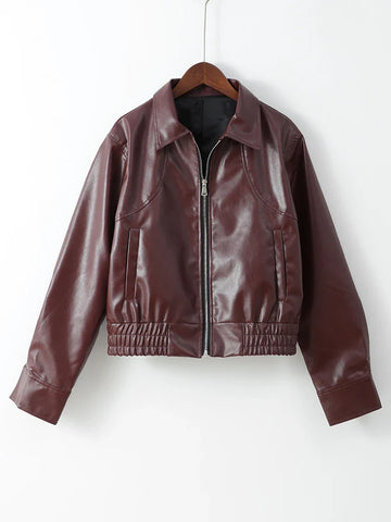 Sonicelife Vintage Elastic Red Lapel Zipper Pu Leather Jackets Casual Long Sleeved Women's Short Coats Autumn Commuting Street Outerwears
