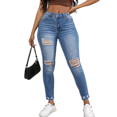 Sonicelife Women Jeans Holes Pencil Pants Washing Denim Pockets Sexy Sheath High Waist Slim Fit Zipper Fly Ankle Length Basics 2024