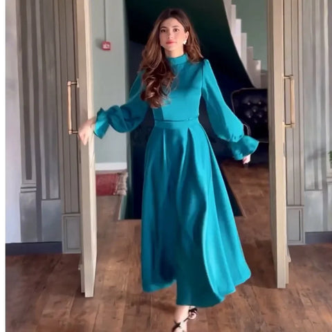Sonicelife Dresses Solid Color Long Sleeved Stand Up Collar Dress Women 2024 New Summer Office Lady Elegant Vestidos High Waisted Loose