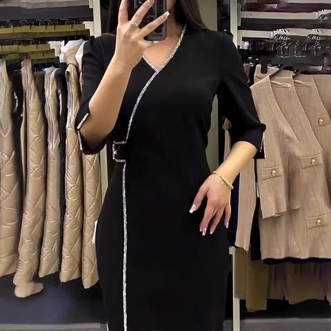 Sonicelife Dress Women Black Party Long Dresses Diamond V Neck Full Sleeve Split Elegant Splice Hot Drilling Vestidos Night 2024 Spring