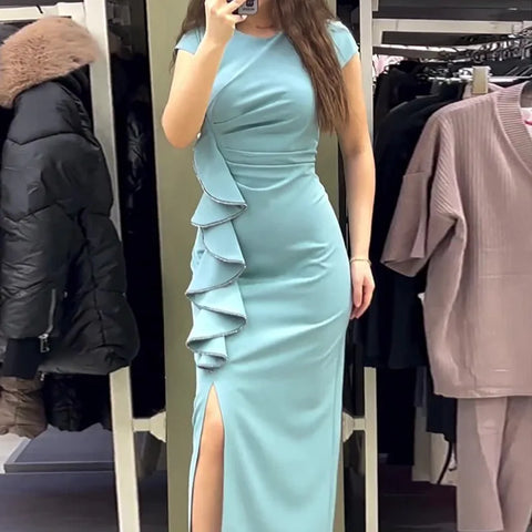 Sonicelife Women Dresses Party Dress O Neck Short Sleeve Spliced Solid Pullover Vestidos Sexy Wrap Buttocks Ankle Length High Street 2024