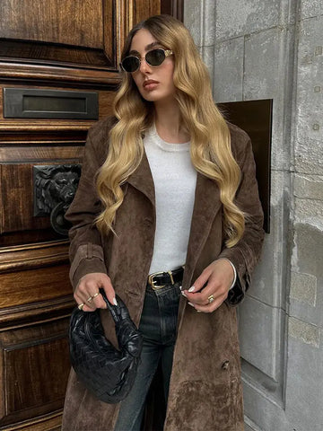 Back To School Sonicelife Fashion Brown Women Imitation Deer Fur Coat Chic Lapel Long Sleeve Double-breasted Windbreaker Autumn Lady High Street Outwear