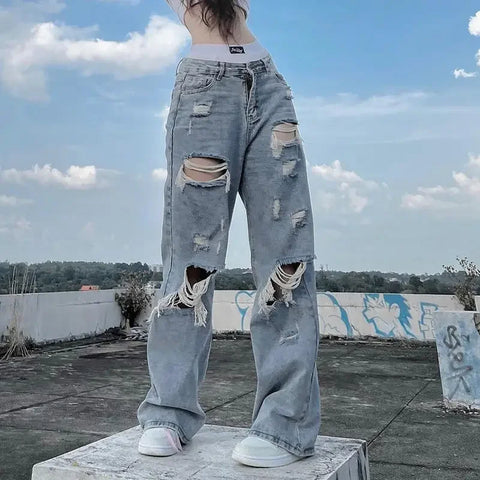 Sonicelife Streetwear Straight Pants Ladies Ripped Jeans Mid Waist Loose Wide Leg Pants Ladies Jeans Y2K Summer High Street  Cargo Pants