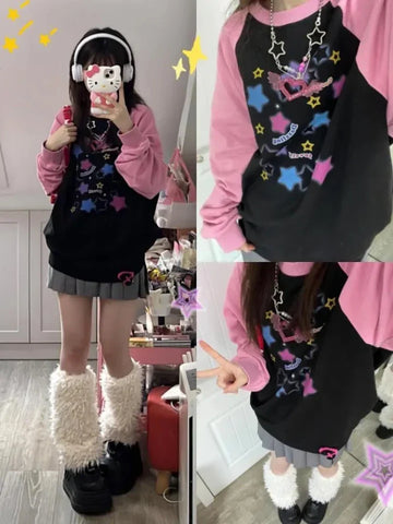 Black Friday Sonicelife Women Star Graphic Hoodies Y2K Aesthetic Raglan Sleeve Sweatshirt E-girl Oversized Harajuku Tops Cutecore Kawaii Clothes