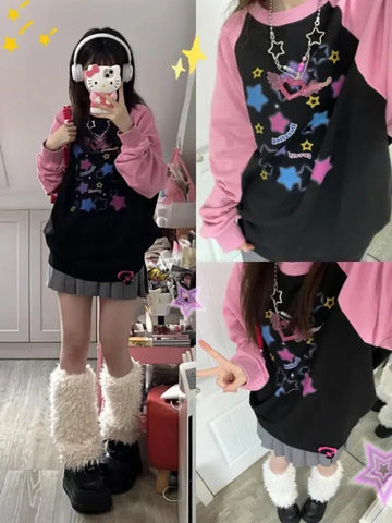 Back To School Sonicelife Women Star Graphic Hoodies Y2K Aesthetic Raglan Sleeve Sweatshirt E-girl Oversized Harajuku Tops Cutecore Kawaii Clothes