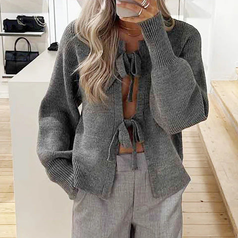 Sonicelife Y2K Kawaii Tie Front Long Sleeve Sweater Coat Autumn Winter Knit Cardigan Women Fashion Loose Fit Knitwear Jackets Streetwear