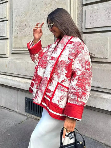 Sonicelife Fashion Without Placket Padded Collar Women Jackets Casual Long Sleeved Printed Cotton Coats Female Autumn Winter Warm Outerwear