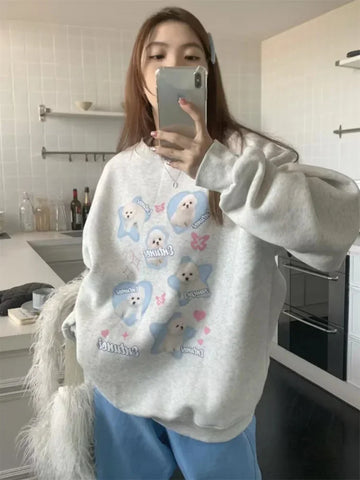 Black Friday Sonicelife Kawaii Dog Print Oversized Hoodie Women Cartoon Long Sleeve Sweatshirt Japan Style Harajuku Loose Gray Cutecore Clothes