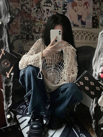 Black Friday Sonicelife Y2k Spider Web Hollow Out Sweaters Hole Crochet Knit Top Punk Grunge E-Girl Pullover Hoohed Streetwear Goth Mesh Clothes