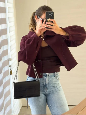 Sonicelife Elegant Solid Color Single Breasted Women's Cropped Coat Chic Lapel Long Sleeves Short Jacket Autumn Female Commuting Outwears