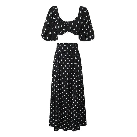 Sonicelife Polka Dots Cropped Top and Side Slits High Waist Skirt Set