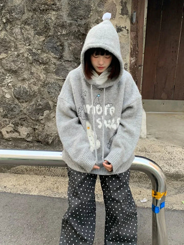 Black Friday Sonicelife Kawaii Snowman Hooded Sweatshirt Women Gray Ribbed Hoodies Knitwear Korean Fashion Oversize Cutecore Winter Clothes Chic