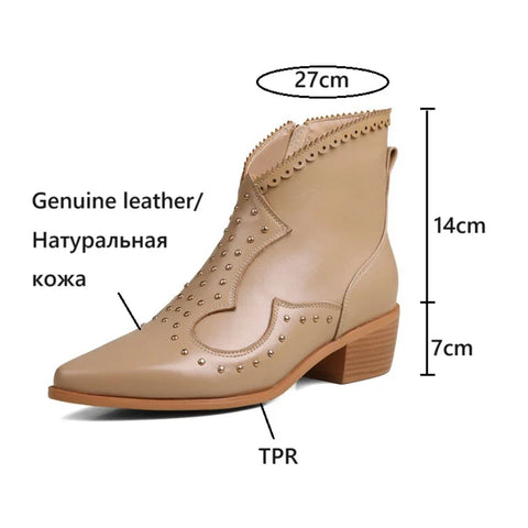 Sonicelife NEW Autumn Women Boots Genuine Leather Shoes for Women Pointed Toe Chunky Heel Shoes Zip Beige Short Boots Rivet Designer Boots