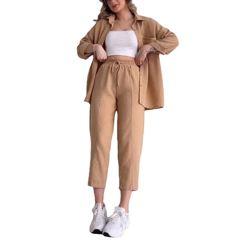 Sonicelife Pant Sets Women Solid Two Pieces Set Long Sleeve Cropped Button Shirt Loose Wide Leg Trouser Work Sporty Suits Y2k Streetwear